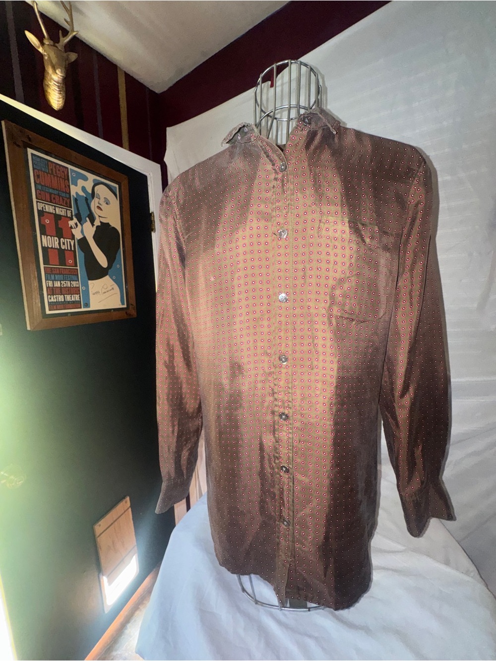 Banana Republic, Button Up Bronze Silk Shirt w Tiny Red Daisy Detail
